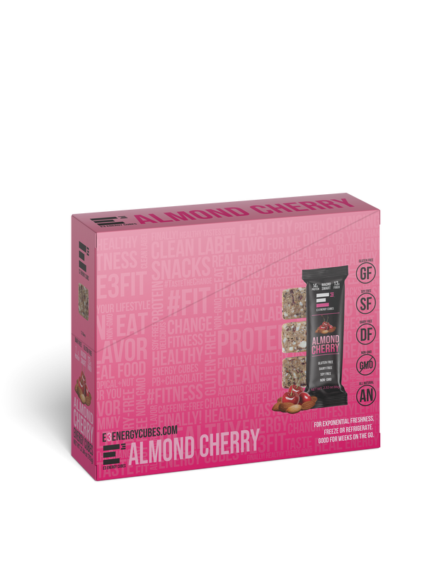 Almond Cherry E3 Protein bar box pink