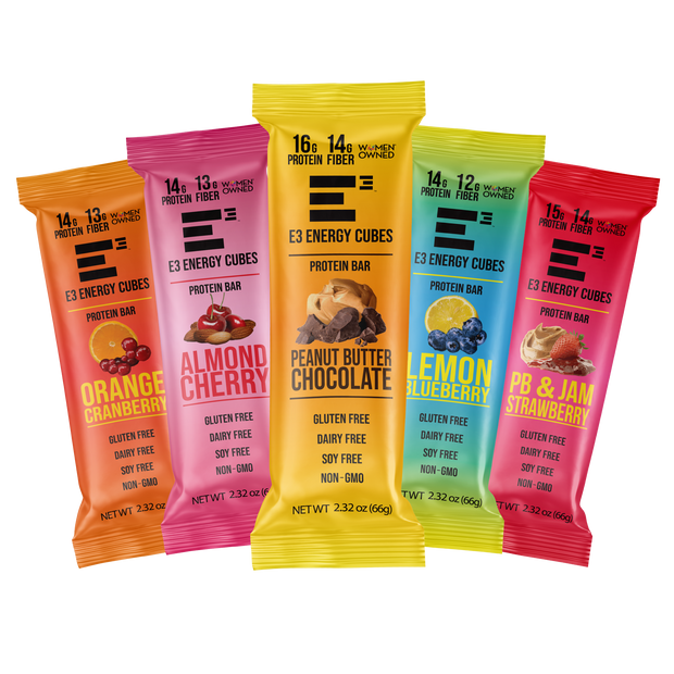 E3 Protein Gluten Free and Dairy free protein bars, all flavors variety pack, new packaging design, colored film. 