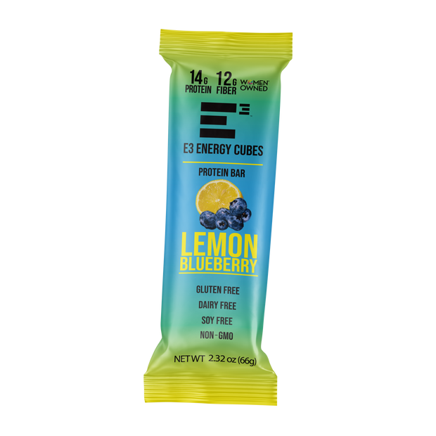 E3 Protein Lemon Blueberry flavor Gluten Free and Dairy Free Protein bar. 