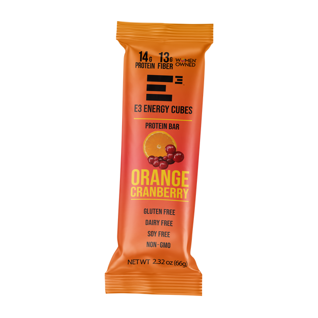 E3 Protein Orange Cranberry flavor Gluten Free and Dairy Free Protein bar. 