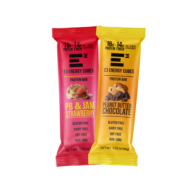 E3 Protein peanut butter lovers variety pack, Peanut butter chocolate and Peanut Butter and Strawberry Jam flavored Protein bars.