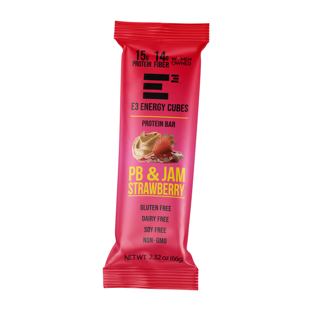 E3 Protein Peanut Butter and Strawberry Jam flavor Gluten Free and Dairy Free Protein bar. 